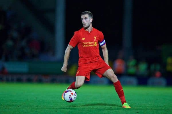 BURTON-UPON-TRENT, ENGLAND - Tuesday, August 23, 2016: Liverpool's captain Jordan Henderson in action against Burton Albion during the Football League Cup 2nd Round match at the Pirelli Stadium. (Pic by David Rawcliffe/Propaganda)