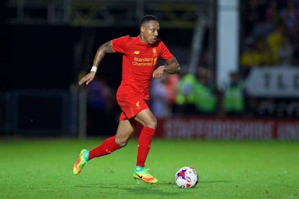 BURTON-UPON-TRENT, ENGLAND - Tuesday, August 23, 2016: Liverpool's Nathaniel Clyne in action against Burton Albion during the Football League Cup 2nd Round match at the Pirelli Stadium. (Pic by David Rawcliffe/Propaganda)