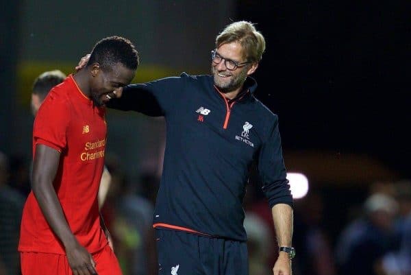 BURTON-UPON-TRENT, ENGLAND - Tuesday, August 23, 2016: Liverpool's manager J¸rgen Klopp and Divock Origi after the 5-0 victory over Burton Albion during the Football League Cup 2nd Round match at the Pirelli Stadium. (Pic by David Rawcliffe/Propaganda)