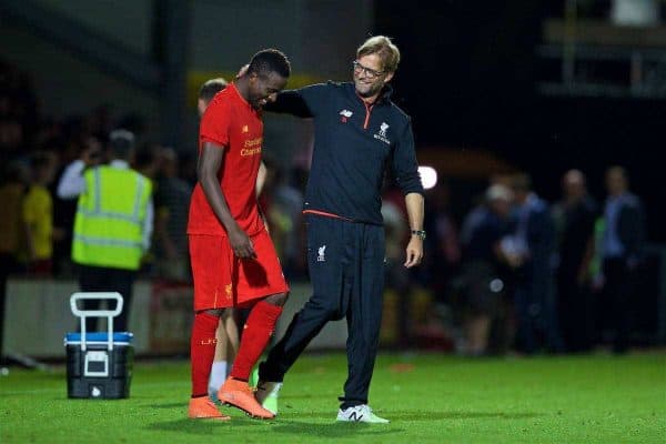 BURTON-UPON-TRENT, ENGLAND - Tuesday, August 23, 2016: Liverpool's manager Jürgen Klopp and Divock Origi after the 5-0 victory over Burton Albion during the Football League Cup 2nd Round match at the Pirelli Stadium. (Pic by David Rawcliffe/Propaganda)