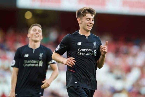 LONDON, ENGLAND - Friday, August 26, 2016: Liverpool's Ben Woodburn celebrates scoring the first goal against Arsenal during the FA Premier League 2 Under-23 match at the Emirates Stadium. (Pic by David Rawcliffe/Propaganda)