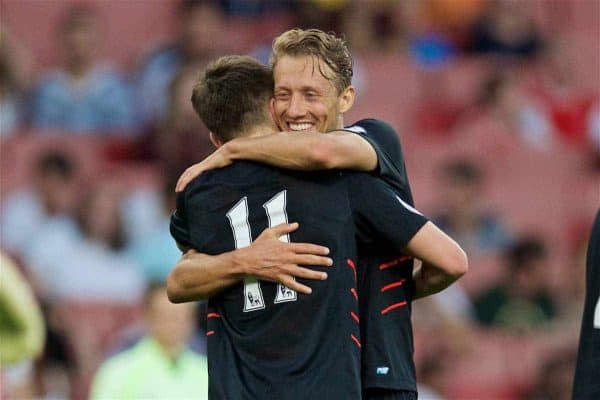 LONDON, ENGLAND - Friday, August 26, 2016: Liverpool's Ben Woodburn [#11] celebrates scoring the second goal against Arsenal with team-mate Lucas Leiva during the FA Premier League 2 Under-23 match at the Emirates Stadium. (Pic by David Rawcliffe/Propaganda)