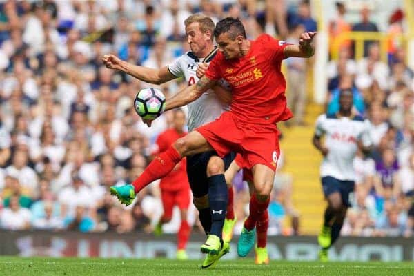 LONDON, ENGLAND - Saturday, August 27, 2016: Liverpool's Dejan Lovren in action against Tottenham Hotspur's Harry Kane during the FA Premier League match at White Hart Lane. (Pic by David Rawcliffe/Propaganda)