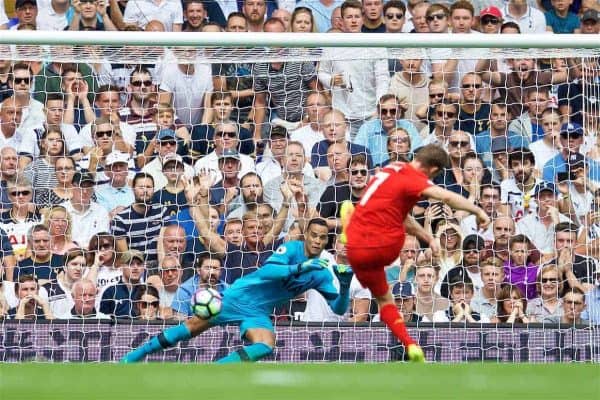 LONDON, ENGLAND - Saturday, August 27, 2016: Liverpool's James Milner scores the first goal against Tottenham Hotspur's goalkeeper Michel Vorm from the penalty spot during the FA Premier League match at White Hart Lane. (Pic by David Rawcliffe/Propaganda)