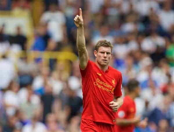 LONDON, ENGLAND - Saturday, August 27, 2016: Liverpool's James Milner celebrates scoring the first goal against Tottenham Hotspur from the penalty spot during the FA Premier League match at White Hart Lane. (Pic by David Rawcliffe/Propaganda)