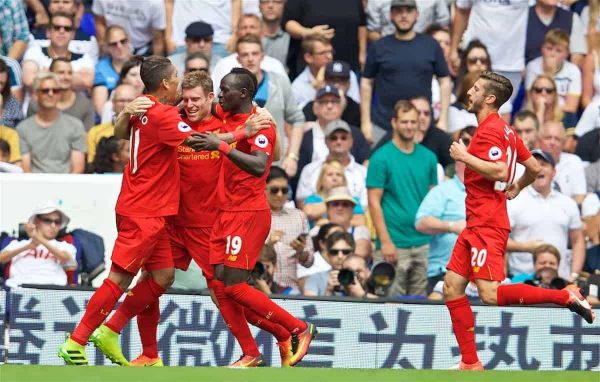 LONDON, ENGLAND - Saturday, August 27, 2016: Liverpool's James Milner celebrates scoring the first goal against Tottenham Hotspur from the penalty spot during the FA Premier League match at White Hart Lane. (Pic by David Rawcliffe/Propaganda)