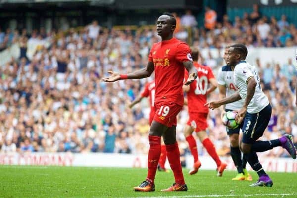 LONDON, ENGLAND - Saturday, August 27, 2016: Liverpool's Sadio Mane looks dejected as his goal is disallowed against Tottenham Hotspur during the FA Premier League match at White Hart Lane. (Pic by David Rawcliffe/Propaganda)