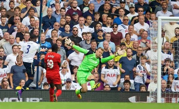 LONDON, ENGLAND - Saturday, August 27, 2016: Liverpool's goalkeeper Simon Mignolet is beaten as Tottenham Hotspur's Danny Rose scores the first equalising goal during the FA Premier League match at White Hart Lane. (Pic by David Rawcliffe/Propaganda)