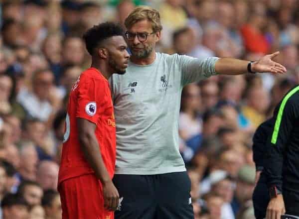 LONDON, ENGLAND - Saturday, August 27, 2016: Liverpool's manager Jürgen Klopp prepares to bring on substitute Daniel Sturridge against Tottenham Hotspur during the FA Premier League match at White Hart Lane. (Pic by David Rawcliffe/Propaganda)