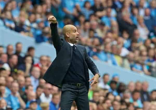 LONDON, ENGLAND - Sunday, August 28, 2016: Manchester City's manager Pep Guardiola during the FA Premier League match against West Ham United at the City of Manchester Stadium Lane. (Pic by David Rawcliffe/Propaganda)