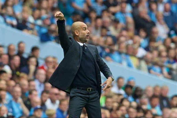 LONDON, ENGLAND - Sunday, August 28, 2016: Manchester City's manager Pep Guardiola during the FA Premier League match against West Ham United at the City of Manchester Stadium Lane. (Pic by David Rawcliffe/Propaganda)