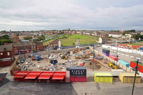 LIVERPOOL, ENGLAND - Friday, September 9, 2016: Construction still taking place as viewed from an elevated position of the new Main Stand during the Liverpool FC Main Stand opening event at Anfield. (Pic by David Rawcliffe/Propaganda)