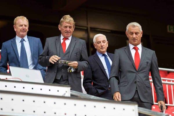 LIVERPOOL, ENGLAND - Friday, September 9, 2016: Former Liverpool managers Kenny Dalglish, Roy Evans and formers player Ian Rush [R] and David Dairclough [L] during the Liverpool FC Main Stand opening event at Anfield. (Pic by David Rawcliffe/Propaganda)