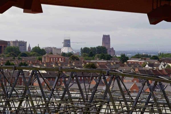 LIVERPOOL, ENGLAND - Friday, September 9, 2016: The Catholic and Anglican cathedrals of Liverpool as seen from the upper tier of the new Main Stand during the Liverpool FC Main Stand opening event at Anfield. (Pic by David Rawcliffe/Propaganda)