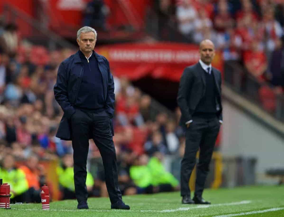 MANCHESTER, ENGLAND - Saturday, September 10, 2016: Manchester United's manager Jose Mourinho and Manchester City's manager Pep Guardiola during the FA Premier League match at Old Trafford. (Pic by David Rawcliffe/Propaganda)