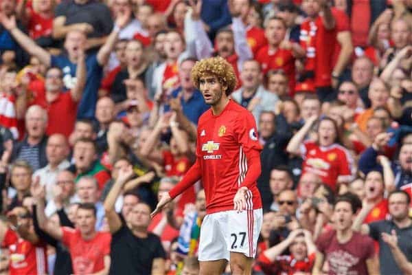 MANCHESTER, ENGLAND - Saturday, September 10, 2016: Manchester United's Marouane Fellaini looks surprised as he is shown a yellow card during the FA Premier League match against Manchester City at Old Trafford. (Pic by David Rawcliffe/Propaganda)