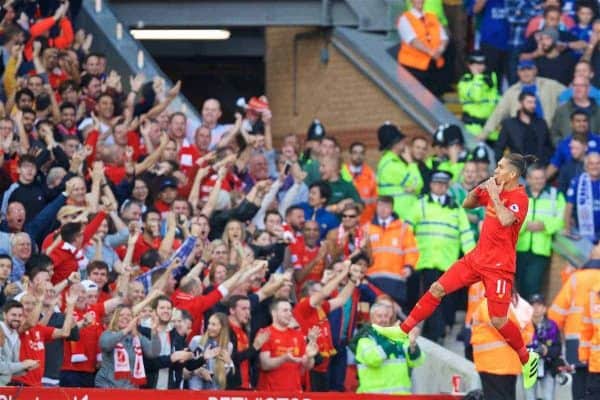 LIVERPOOL, ENGLAND - Saturday, September 10, 2016: Liverpool's Roberto Firmino celebrates scoring the first goal against Leicester City during the FA Premier League match at Anfield. (Pic by David Rawcliffe/Propaganda)