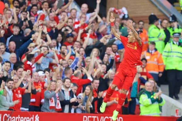 LIVERPOOL, ENGLAND - Saturday, September 10, 2016: Liverpool's Roberto Firmino celebrates scoring the first goal against Leicester City during the FA Premier League match at Anfield. (Pic by David Rawcliffe/Propaganda)