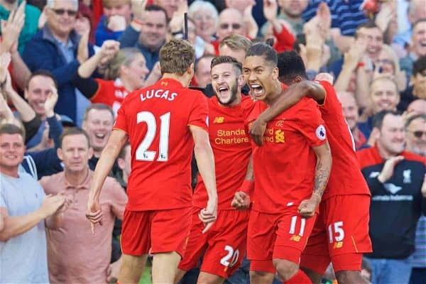 LIVERPOOL, ENGLAND - Saturday, September 10, 2016: Liverpool's Roberto Firmino celebrates scoring the first goal against Leicester City during the FA Premier League match at Anfield. (Pic by David Rawcliffe/Propaganda)