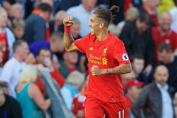 LIVERPOOL, ENGLAND - Saturday, September 10, 2016: Liverpool's Roberto Firmino celebrates scoring the first goal against Leicester City during the FA Premier League match at Anfield. (Pic by David Rawcliffe/Propaganda)