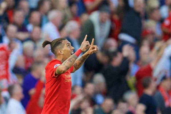 LIVERPOOL, ENGLAND - Saturday, September 10, 2016: Liverpool's Roberto Firmino celebrates scoring the first goal against Leicester City during the FA Premier League match at Anfield. (Pic by David Rawcliffe/Propaganda)