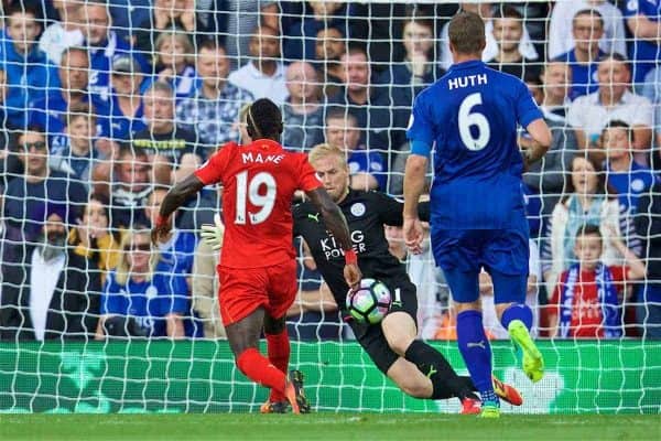 LIVERPOOL, ENGLAND - Saturday, September 10, 2016: Liverpool's Sadio Mane scores the second goal against Leicester City during the FA Premier League match at Anfield. (Pic by David Rawcliffe/Propaganda)