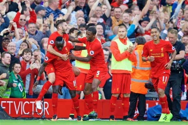 LIVERPOOL, ENGLAND - Saturday, September 10, 2016: Liverpool's Sadio Mane celebrates scoring the second goal against Leicester City during the FA Premier League match at Anfield. (Pic by David Rawcliffe/Propaganda)