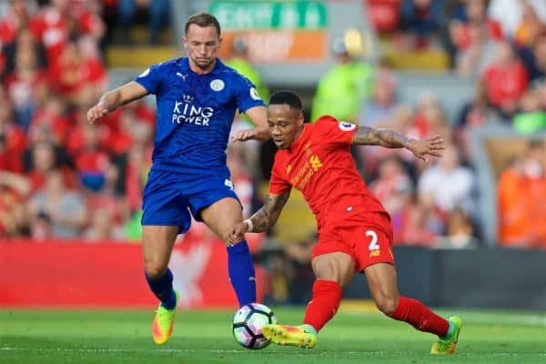 LIVERPOOL, ENGLAND - Saturday, September 10, 2016: Liverpool's Nathaniel Clyne in action against Leicester City during the FA Premier League match at Anfield. (Pic by David Rawcliffe/Propaganda)