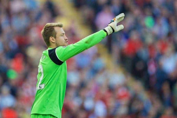 LIVERPOOL, ENGLAND - Saturday, September 10, 2016: Liverpool's goalkeeper Simon Mignolet in action against Leicester City during the FA Premier League match at Anfield. (Pic by David Rawcliffe/Propaganda)