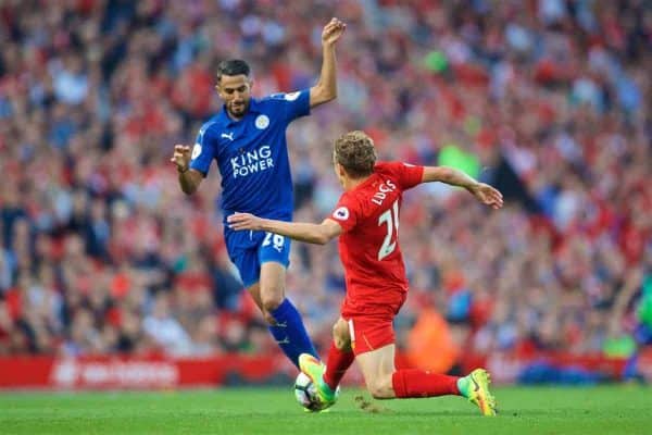 LIVERPOOL, ENGLAND - Saturday, September 10, 2016: Liverpool's Lucas Leiva in action against Leicester City's Riyad Mahrez during the FA Premier League match at Anfield. (Pic by David Rawcliffe/Propaganda)