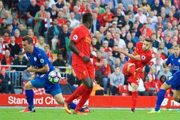 LIVERPOOL, ENGLAND - Saturday, September 10, 2016: Liverpool's Adam Lallana scores the third goal against Leicester City during the FA Premier League match at Anfield. (Pic by David Rawcliffe/Propaganda)