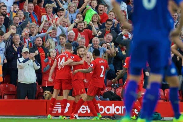 LIVERPOOL, ENGLAND - Saturday, September 10, 2016: Liverpool's Adam Lallana celebrates scoring the third goal against Leicester City during the FA Premier League match at Anfield. (Pic by David Rawcliffe/Propaganda)