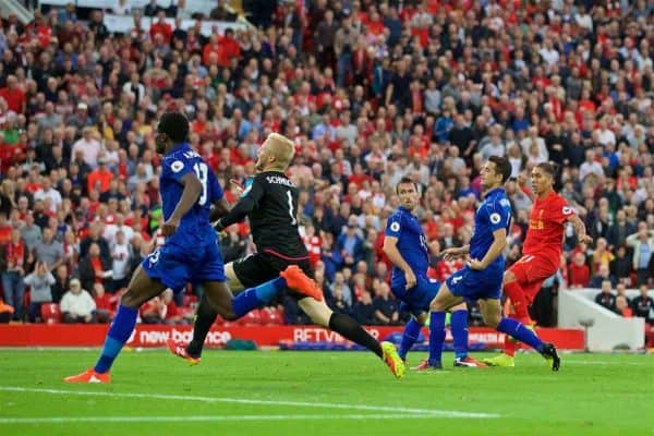 LIVERPOOL, ENGLAND - Saturday, September 10, 2016: Liverpool's Roberto Firmino scores the fourth goal against Leicester City during the FA Premier League match at Anfield. (Pic by David Rawcliffe/Propaganda)