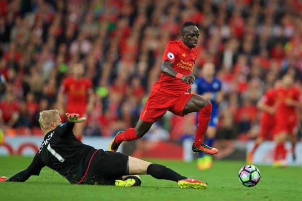 LIVERPOOL, ENGLAND - Saturday, September 10, 2016: Liverpool's Sadio Mane skips over the advancing Leicester City's goalkeeper Kasper Schmeichel to set up the fourth goal during the FA Premier League match at Anfield. (Pic by David Rawcliffe/Propaganda)