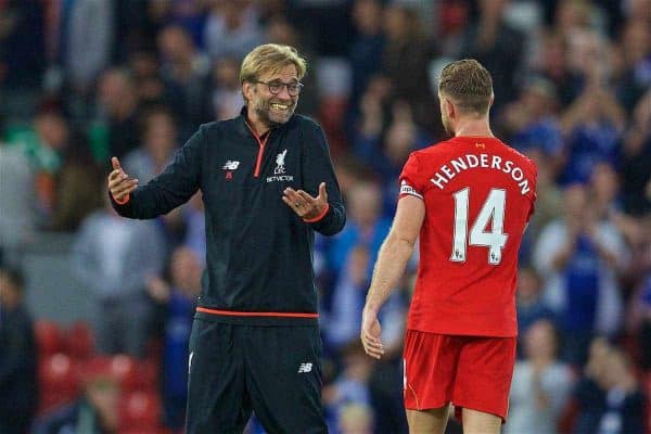 LIVERPOOL, ENGLAND - Saturday, September 10, 2016: Liverpool's manager Jürgen Klopp jokes with captain Jordan Henderson after the 4-1 victory over Leicester City during the FA Premier League match at Anfield. (Pic by David Rawcliffe/Propaganda)