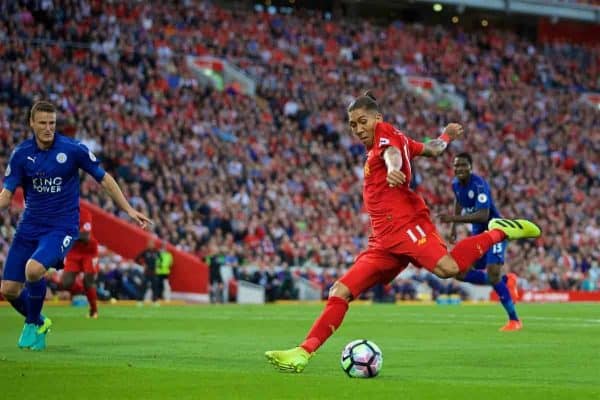 LIVERPOOL, ENGLAND - Saturday, September 10, 2016: Liverpool's Roberto Firmino in action against Leicester City during the FA Premier League match at Anfield. (Pic by David Rawcliffe/Propaganda)