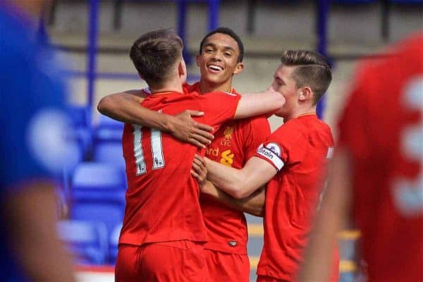 BIRKENHEAD, ENGLAND - Sunday, September 11, 2016: Liverpool's Ben Woodburn [#11] celebrates scoring the second goal against Leicester City with team-mates Trent Alexander-Arnold and captain Harry Wilson during the FA Premier League 2 Under-23 match at Prenton Park. (Pic by David Rawcliffe/Propaganda)