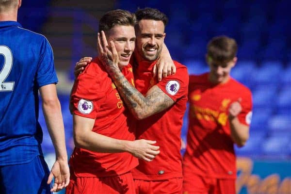 BIRKENHEAD, ENGLAND - Sunday, September 11, 2016: Liverpool's captain Harry Wilson celebrates scoring the third goal against Leicester City with team-mate Danny Ings during the FA Premier League 2 Under-23 match at Prenton Park. (Pic by David Rawcliffe/Propaganda)