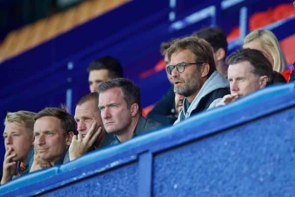 BIRKENHEAD, ENGLAND - Sunday, September 11, 2016: Liverpool's manager Jürgen Klopp along side first-team development coach Pepijn Lijnders, goalkeeping coach John Achterberg, Alex Inglethorpe and Steve McManaman watch the Under-23 side take on Leicester City during the FA Premier League 2 Under-23 match at Prenton Park. (Pic by David Rawcliffe/Propaganda)