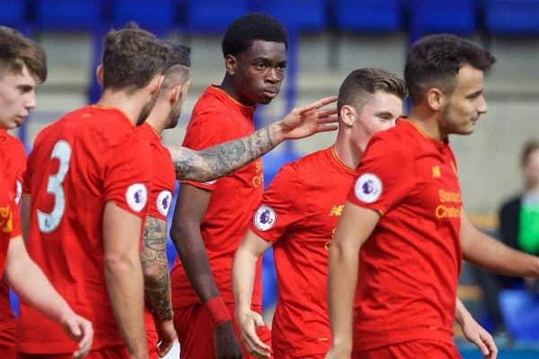 BIRKENHEAD, ENGLAND - Sunday, September 11, 2016: Liverpool's Ovie Ejaria celebrates scoring the fourth goal against Leicester City during the FA Premier League 2 Under-23 match at Prenton Park. (Pic by David Rawcliffe/Propaganda)
