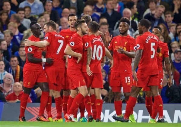 LONDON, ENGLAND - Friday, September 16, 2016: Liverpool's Dejan Lovren celebrates scoring the first goal against Chelsea during the FA Premier League match at Stamford Bridge. (Pic by David Rawcliffe/Propaganda)