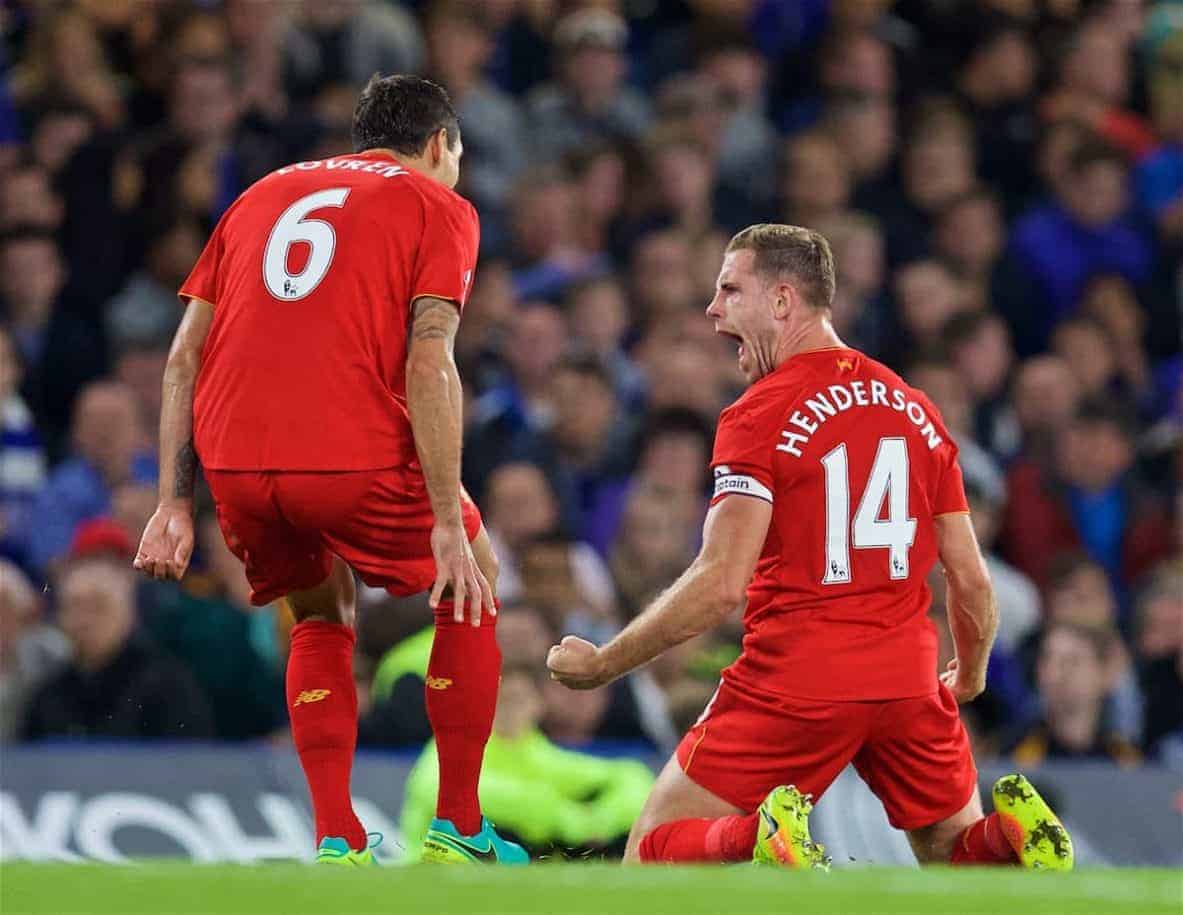 LONDON, ENGLAND - Friday, September 16, 2016: Liverpool's captain Jordan Henderson celebrates scoring the second goal against Chelsea during the FA Premier League match at Stamford Bridge. (Pic by David Rawcliffe/Propaganda)