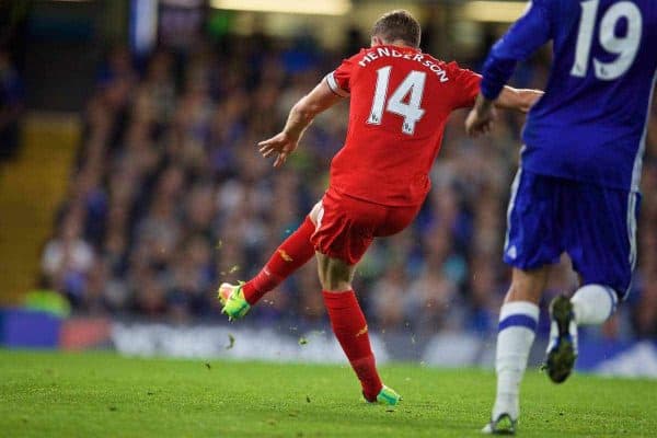 LONDON, ENGLAND - Friday, September 16, 2016: Liverpool's captain Jordan Henderson scores the second goal against Chelsea during the FA Premier League match at Stamford Bridge. (Pic by David Rawcliffe/Propaganda)