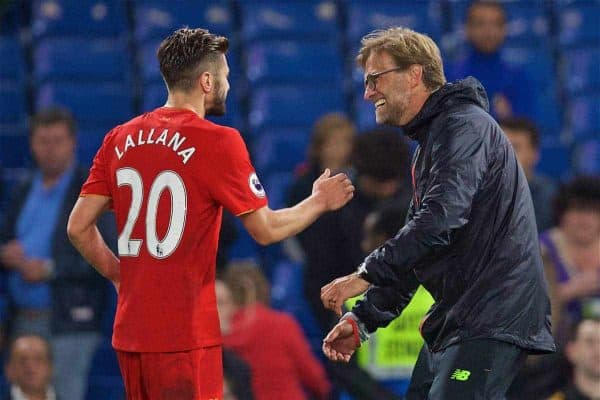 LONDON, ENGLAND - Friday, September 16, 2016: Liverpool's manager Jürgen Klopp celebrates with Adam Lallana after the 2-1 victory over Chelsea during the FA Premier League match at Stamford Bridge. (Pic by David Rawcliffe/Propaganda)