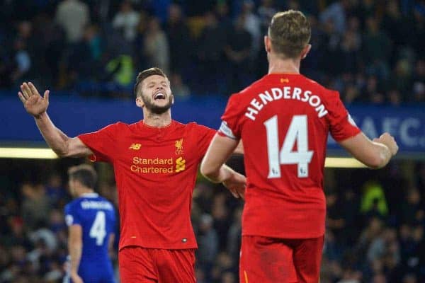 LONDON, ENGLAND - Friday, September 16, 2016: Liverpool's Adam Lallana celebrates after beating Chelsea 2-1 with captain Jordan Henderson after the Premier League match at Stamford Bridge. (Pic by Xiaoxuan Lin/Propaganda)