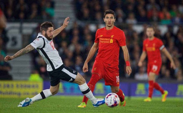 DERBY, ENGLAND - Tuesday, September 20, 2016: Liverpool's Marko Grujic in action against Derby County during the Football League Cup 3rd Round match at Pride Park. (Pic by David Rawcliffe/Propaganda)