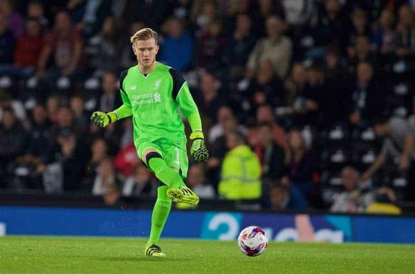 DERBY, ENGLAND - Tuesday, September 20, 2016: Liverpool's goalkeeper Loris Karius in action against Derby County during the Football League Cup 3rd Round match at Pride Park. (Pic by David Rawcliffe/Propaganda)