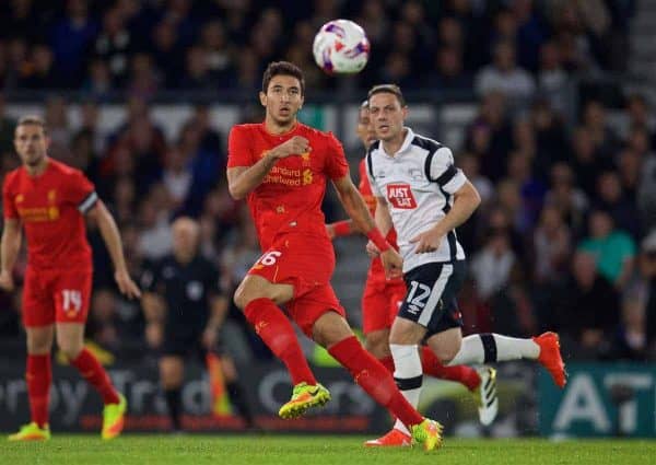 DERBY, ENGLAND - Tuesday, September 20, 2016: Liverpool's Marko Grujic in action against Derby County during the Football League Cup 3rd Round match at Pride Park. (Pic by David Rawcliffe/Propaganda)