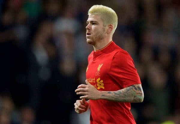 DERBY, ENGLAND - Tuesday, September 20, 2016: Liverpool's Alberto Moreno, with dyed bleach blonde hair, in action against Derby County during the Football League Cup 3rd Round match at Pride Park. (Pic by David Rawcliffe/Propaganda)