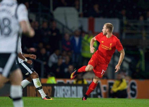 DERBY, ENGLAND - Tuesday, September 20, 2016: Liverpool's Ragnar Klavan scores the first goal against Derby County during the Football League Cup 3rd Round match at Pride Park. (Pic by David Rawcliffe/Propaganda)
